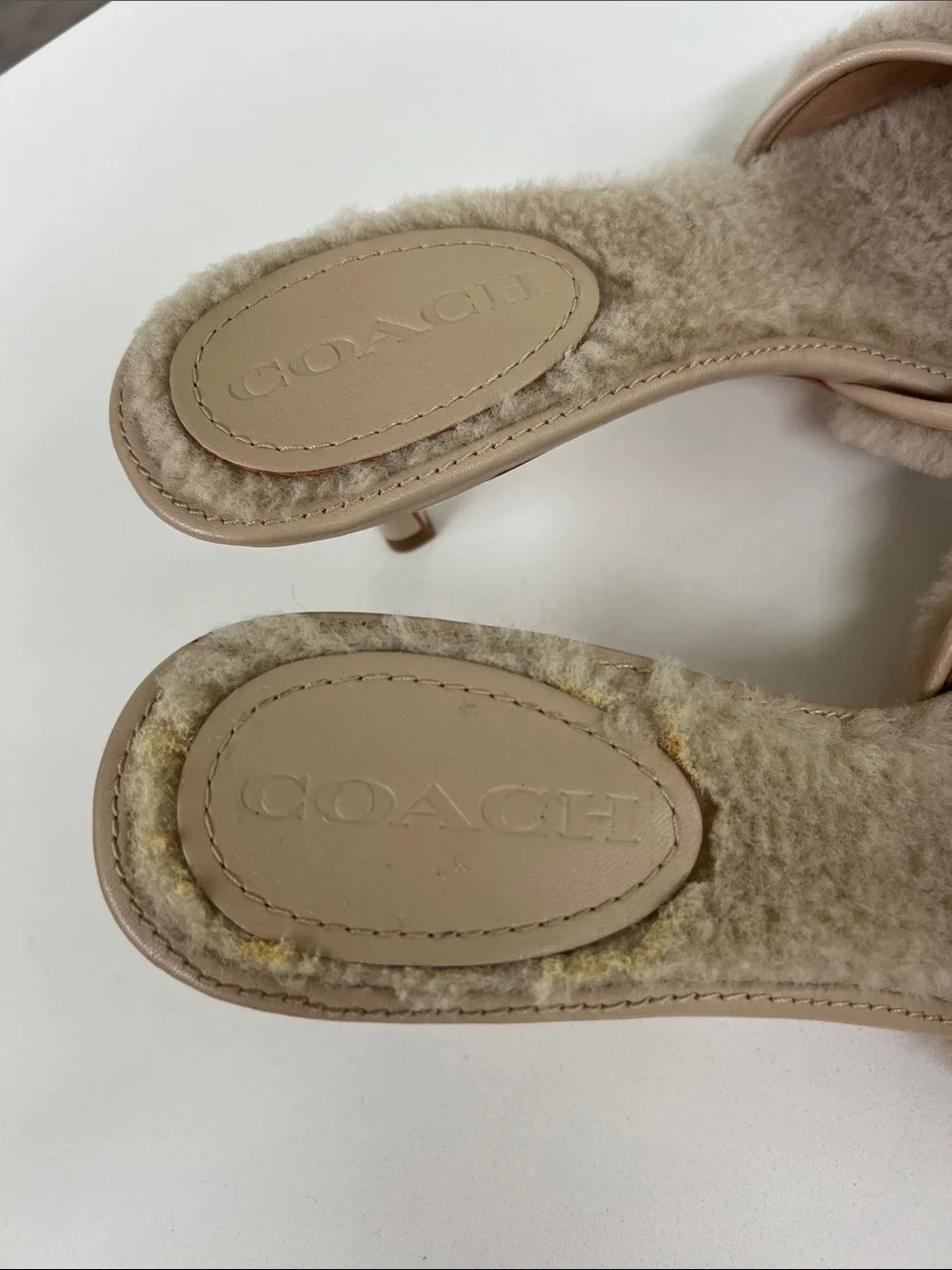 Coach shearling buckle open toe mule sandals natural cream 8.5